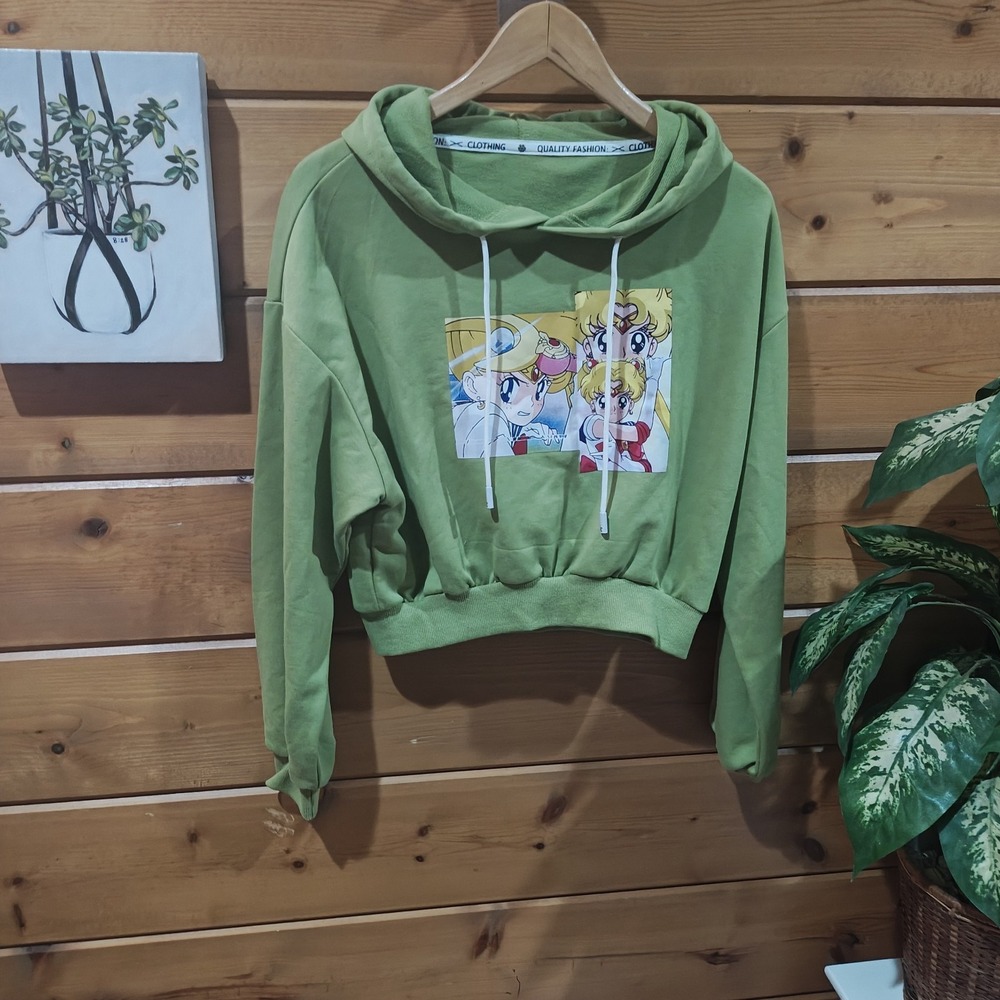 Sailor Moon Olive Green Quality Crop Top Stretch Hoodie Adult Medium/Large Green